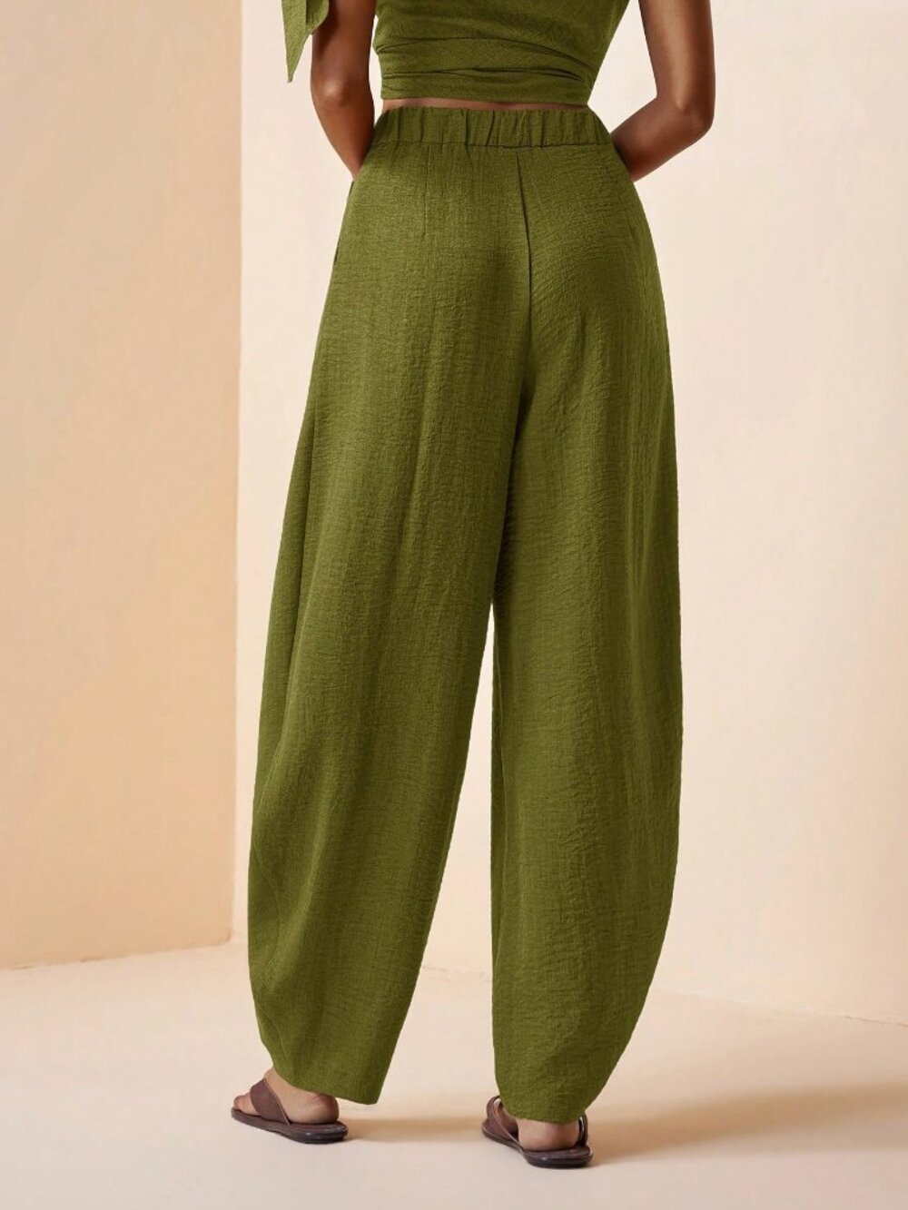 Army Green Casual Women's French-Style Pleated Pants - Picture 2 of 8